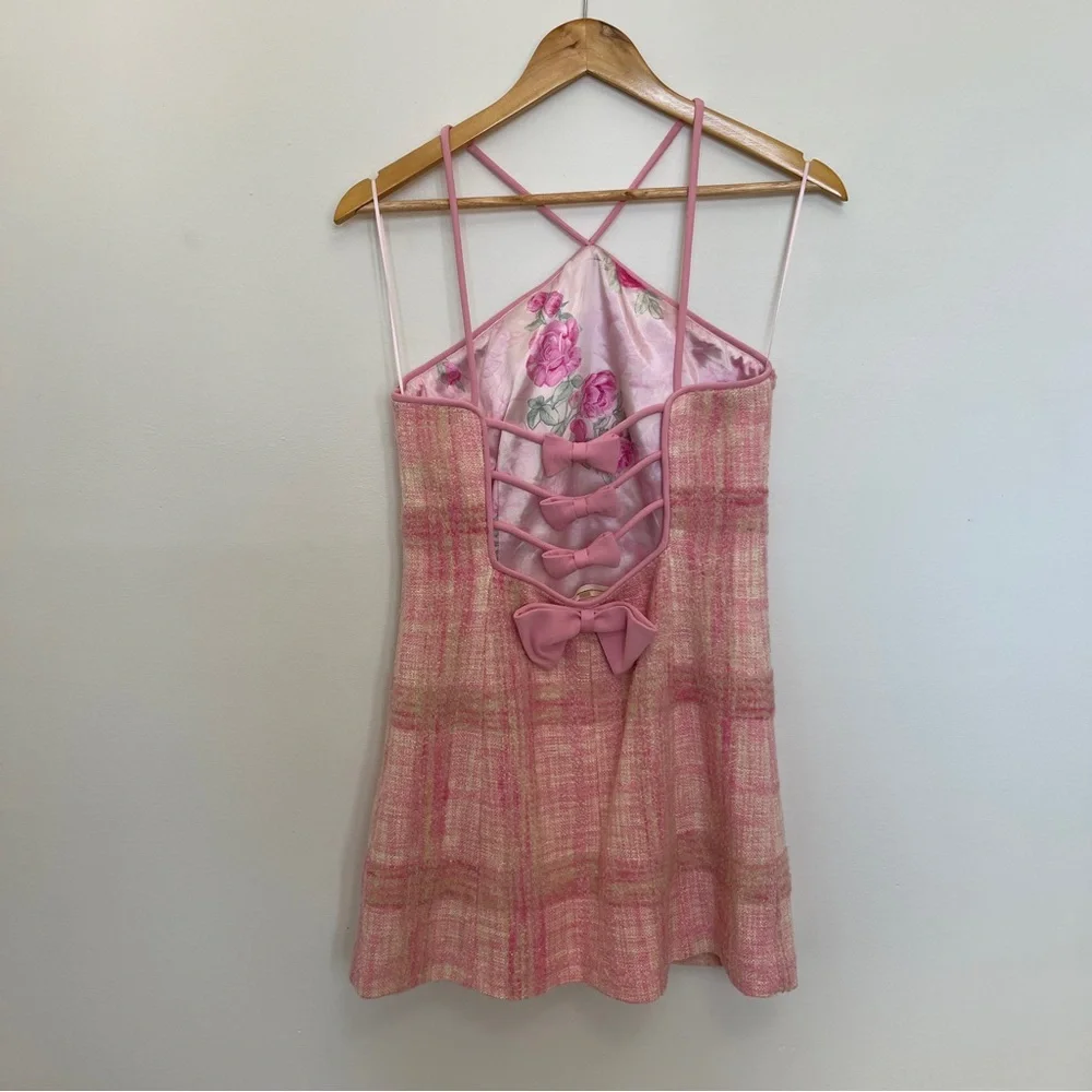 LoveShackFancy Gandler Tweed Bow Detail Pastel Peony Pink Mini Dress Size 4 - Picture 4 of 8